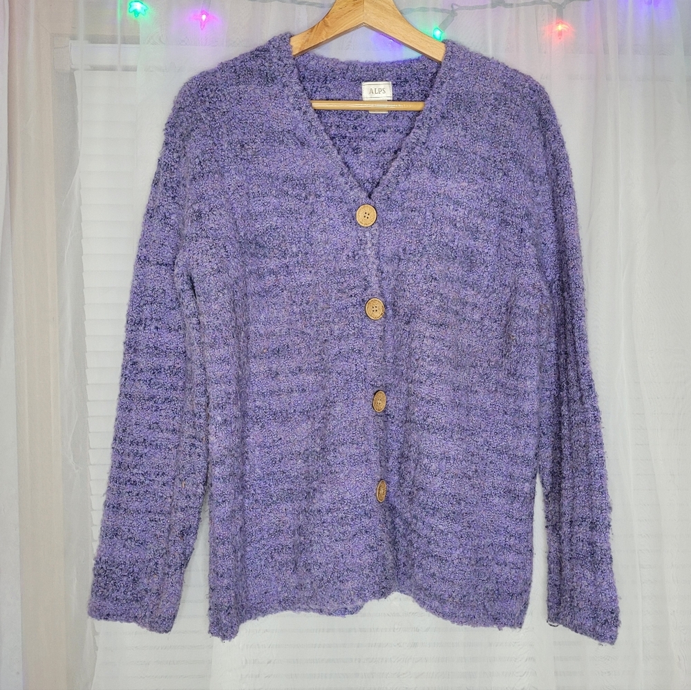 Alps Fuzzy Knit Cardigan Sweater Large Periwinkle Purple Cozy Chunky Wool Blend - Picture 1 of 10